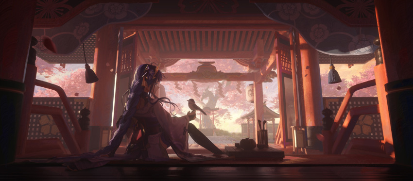 1girl absurdres arm_support bird bird_on_hand black_thighhighs braid braided_ponytail bridal_gauntlets cherry_blossoms commentary_request corey43544 from_side genshin_impact hand_on_ground highres japanese_clothes kimono lantern long_hair long_sleeves looking_at_animal paper_lantern profile purple_eyes purple_hair purple_kimono raiden_shogun shrine sitting solo stone_lantern thighhighs torii tree very_long_hair wide_shot wide_sleeves