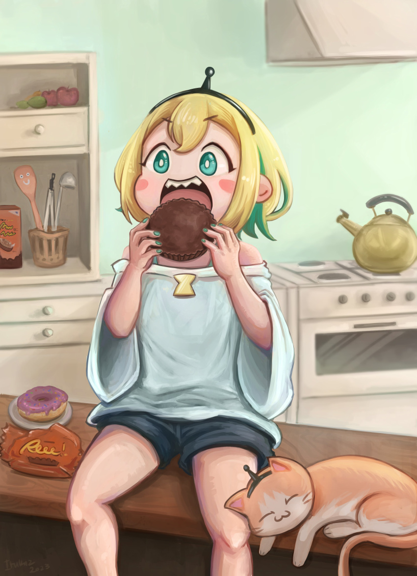 1girl :3 :d =_= absurdres amano_pikamee apple artist_name black_hairband black_shorts blonde_hair blush_stickers bright_pupils cabinet cat colored_inner_hair commentary dated doughnut eating english_commentary food fruit green_eyes green_hair green_nails hairband hands_up highres holding holding_food indoors irukuz kettle kitchen ladle making-of_available multicolored_hair off-shoulder_shirt off_shoulder oven plate reese's reese's_cups shirt shorts sitting smile socks_(amano_pikamee) solo spatula stove two-tone_hair virtual_youtuber voms white_pupils white_shirt wide_sleeves