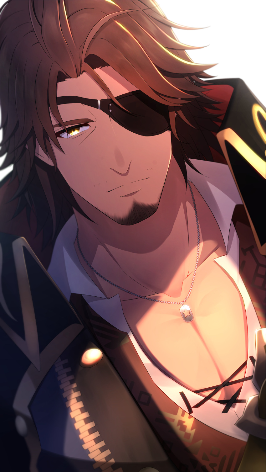 1boy absurdres backlighting beard belmond_banderas black_jacket brown_eyes brown_vest choco_(chocovix112) closed_mouth collarbone collared_shirt dress_shirt eyepatch facial_hair half-closed_eye highres jacket looking_at_viewer male_focus nijisanji shirt simple_background solo upper_body vest virtual_youtuber white_background white_shirt yellow_eyes