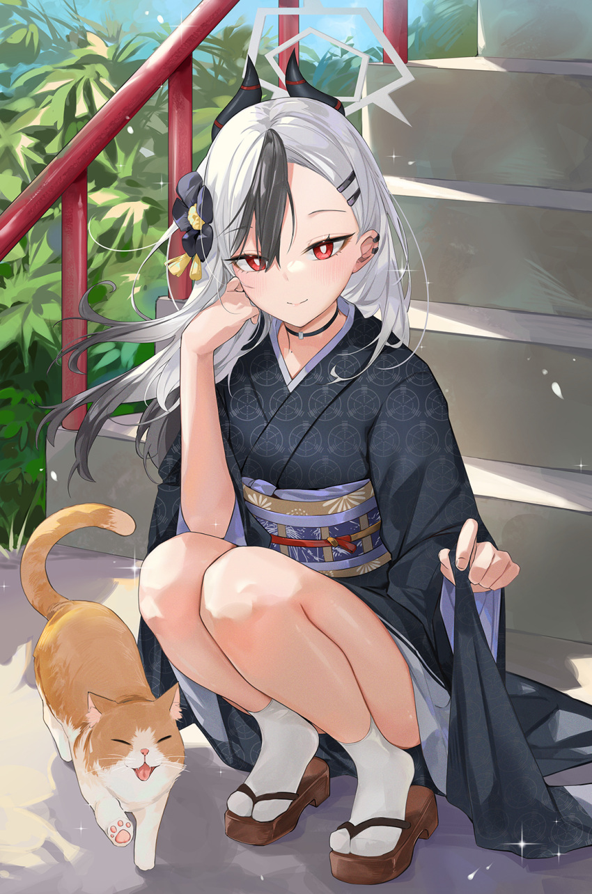 1girl black_hair black_kimono blue_archive blush cat choker dema_hmw ear_piercing earclip flower hair_flower hair_ornament hairclip halo highres horns japanese_clothes kayoko_(blue_archive) kayoko_(new_year)_(blue_archive) kimono long_hair long_sleeves looking_at_viewer mole mole_on_collarbone multicolored_hair obi official_alternate_costume piercing red_eyes sash solo two-tone_hair white_hair