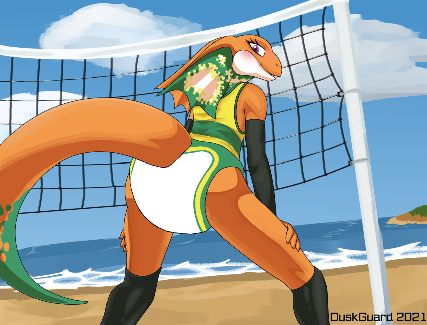 agamid anthro athletic athletic_anthro athletic_female beach blush bottomwear claws clean_diaper clothed clothing diaper diaper_fetish duskguard embarrasment embarrassed feet female flat_chested frilled_lizard hi_res infantilism legwear lizard lizzie_(paralympics_australia) looking_at_viewer looking_back mascot net olympics reptile royal_australian_mint sand scalie seaside solo sport sports_uniform sportswear spread_legs spreading stockings third-party_edit uniform unofficial_edit volleyball volleyball_net wearing_diaper