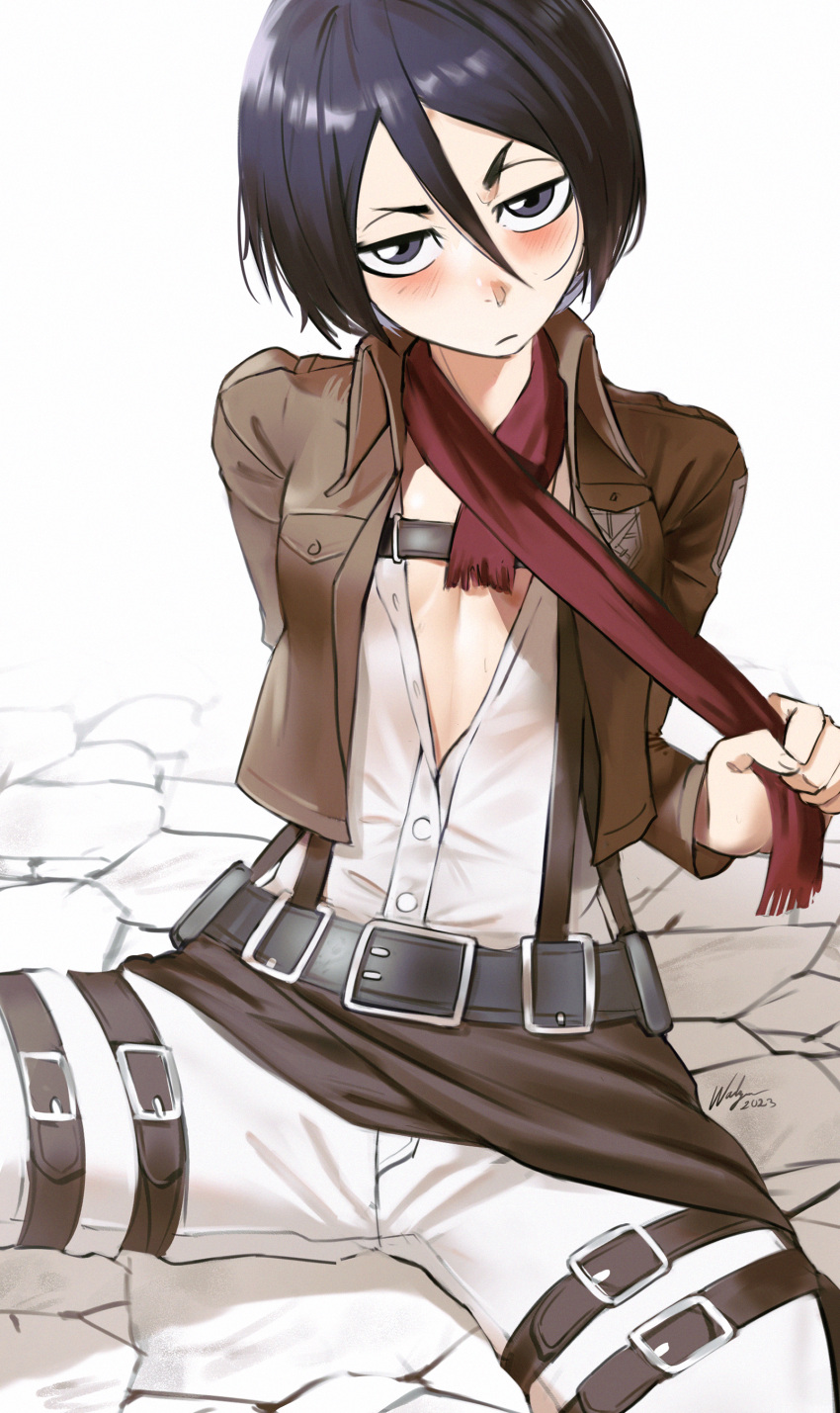 1girl absurdres alternate_costume black_eyes black_hair bleach breasts brown_jacket cosplay hair_between_eyes highres jacket kuchiki_rukia looking_at_viewer mikasa_ackerman mikasa_ackerman_(cosplay) on_ground pants paradis_military_uniform partially_unbuttoned red_scarf scarf shingeki_no_kyojin shirt short_hair sitting small_breasts solo spread_legs waligner white_pants white_shirt