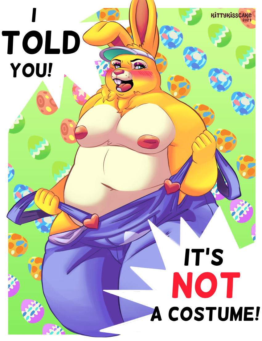 &lt;3 absurd_res angry animal_crossing anthro belly big_belly blue_eyes blush buckteeth clothing dialogue easter egg embarrassed eyebrows eyeshadow festive fur headgear headwear hi_res holidays kittykisscake lagomorph leporid long_ears makeup male mammal moobs navel nintendo nipples obese obese_anthro obese_male overalls overweight overweight_anthro overweight_male purple_eyeshadow rabbit red_nose simple_background slightly_chubby solo speech_bubble teeth tongue undressing upset visor white_muzzle yellow_body yellow_fur zipper_t._bunny