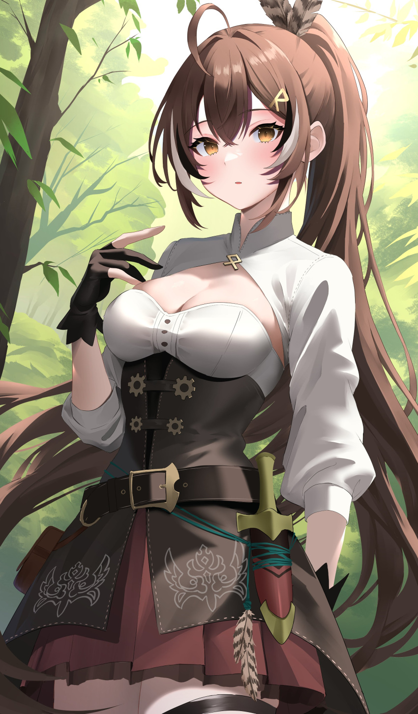 1girl absurdres ahoge arm_behind_back belt black_gloves black_hair breasts brown_belt brown_corset brown_eyes brown_hair cleavage cleavage_cutout clothing_cutout commentary corset crossed_ankles dagger day feather_hair_ornament feathers forest gloves hair_between_eyes hair_ornament hairclip hand_up highres hirahiragi_(h1rqg1) hololive hololive_english knife light_blush long_hair looking_at_viewer medium_breasts multicolored_hair nanashi_mumei nanashi_mumei_(1st_costume) nature outdoors parted_lips partially_fingerless_gloves pleated_skirt ponytail pouch red_skirt runes sheath sheathed shirt skirt sleeves_past_elbows solo streaked_hair symbol-only_commentary thigh_strap tree very_long_hair virtual_youtuber weapon white_hair white_shirt