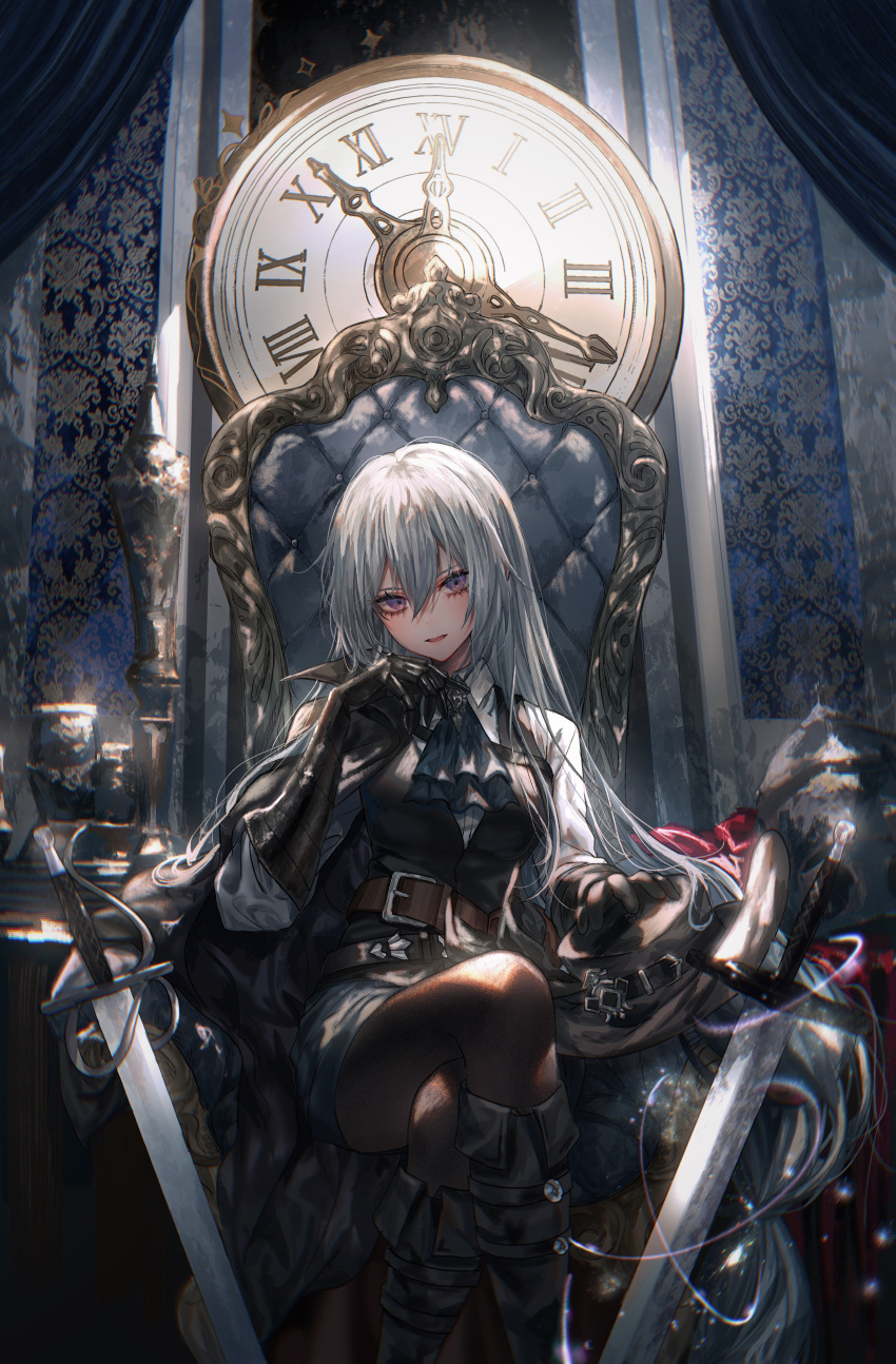 1girl absurdres armchair asano_(kazusasn) ascot black_footwear black_gloves black_pantyhose black_skirt black_vest blue_ascot blue_curtains boots chair clock commission crossed_legs facing_viewer gloves grey_hair hair_between_eyes highres knight long_hair looking_at_viewer multiple_swords original pantyhose pixiv_commission purple_eyes shirt sitting skirt solo vest wall_clock white_shirt