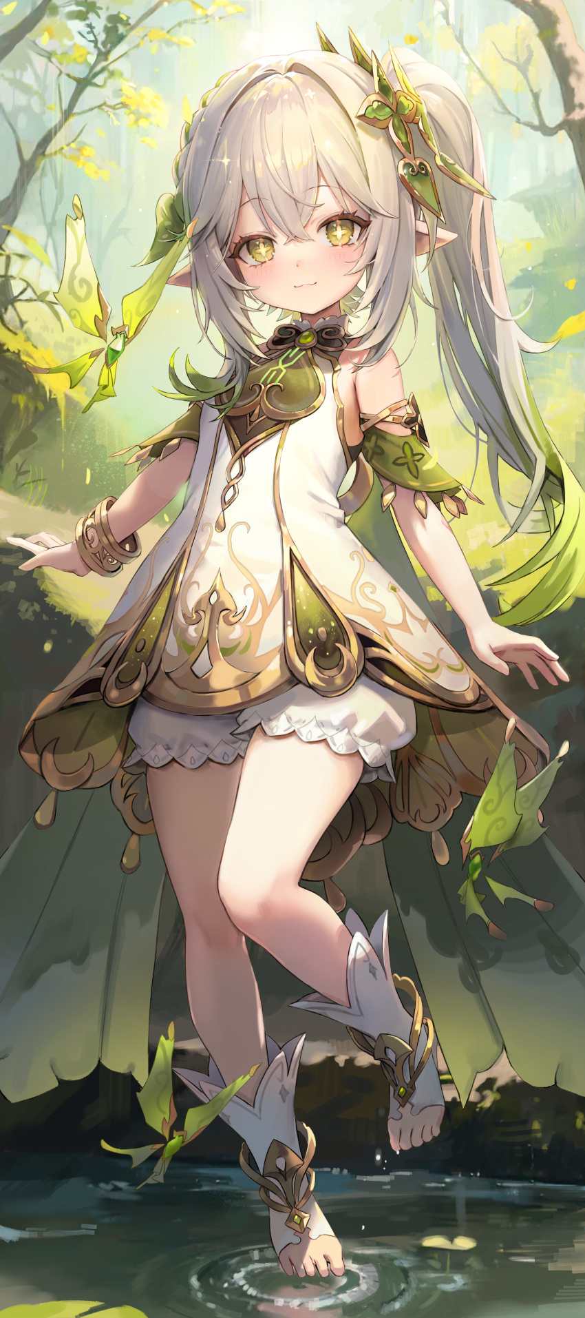 1girl absurdres bare_shoulders bloomers blush bracelet cape cross-shaped_pupils crystalfly_(genshin_impact) detached_sleeves dress freng full_body genshin_impact gradient_hair green_cape green_eyes green_sleeves hair_between_eyes hair_ornament highres jewelry knees knees_together_feet_apart leaf legs long_hair looking_at_viewer multicolored_hair nahida_(genshin_impact) no_shoes pointy_ears side_ponytail sidelocks smile solo stirrup_legwear symbol-shaped_pupils toeless_legwear toes underwear white_bloomers white_dress white_hair