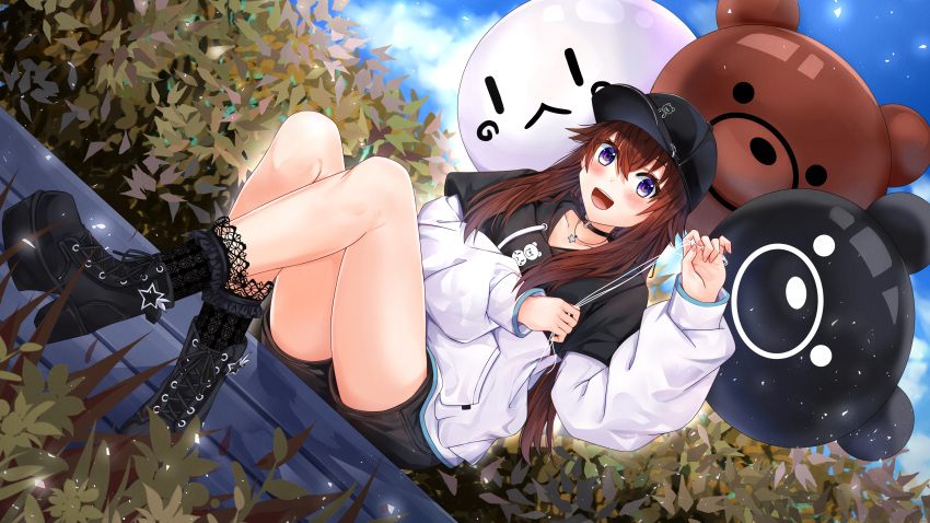 1girl :d absurdres ankimo_(tokino_sora) balloon baseball_cap black_choker black_footwear black_headwear black_hoodie black_shorts blue_eyes blush bobby_socks boots brown_hair character_balloon choker commentary cross-laced_footwear dutch_angle english_commentary fuwanian hair_flaps hat high_heel_boots high_heels highres holding holding_balloon hololive hood hood_down hoodie jewelry lace-up_boots lace_socks long_hair long_sleeves looking_at_viewer necklace nun_nun_(tokino_sora) o-ring o-ring_choker official_alternate_hairstyle open_mouth outdoors platform_boots platform_footwear platform_heels short_shorts shorts sitting smile socks solo star_(symbol) star_necklace tokino_sora tokino_sora_(streetwear) two-tone_hoodie variant_set virtual_youtuber white_hoodie