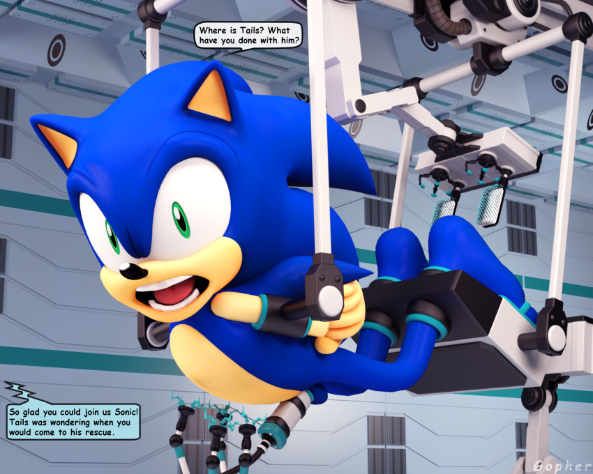 anthro balls barefoot blue_body bound erection eulipotyphlan feet genitals gopher_(artist) green_eyes hands_behind_back hedgehog hi_res high_tech lifted male mammal nude open_mouth penis penis_milking_machine sega solo sonic_the_hedgehog sonic_the_hedgehog_(series) speech_bubble talking_to_another tan_body tickling_machine two-tone_body