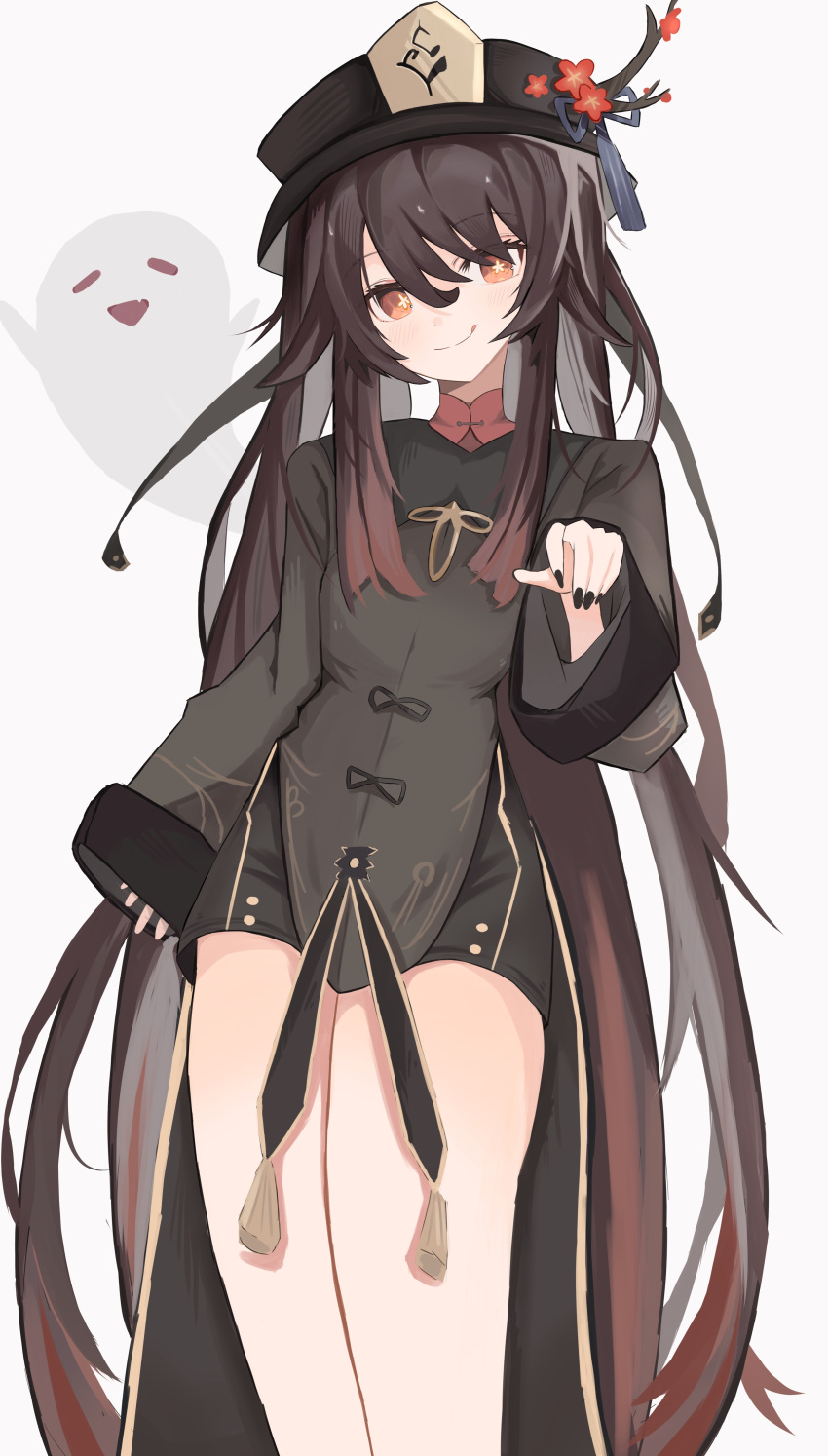 1girl :p absurdres bare_legs black_coat black_headwear black_nails black_shorts boo_tao_(genshin_impact) coat feet_out_of_frame flower genshin_impact ghost hat hat_flower hat_tassel highres hu_tao_(genshin_impact) long_coat long_hair long_sleeves looking_at_viewer nui_(nuinui0300) orange_eyes shorts simple_background smile solo tongue tongue_out twintails very_long_hair white_background