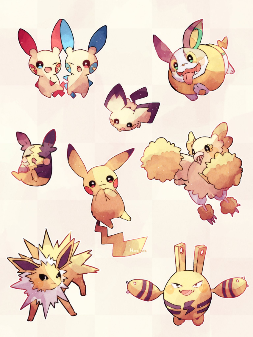 :d :o =_= animal_focus beak bird blue_eyes colored_skin commentary_request dog dot_nose elekid fangs green_eyes hanabusaoekaki highres jolteon lightning_bolt_symbol minun morpeko morpeko_(full) no_humans one_eye_closed open_mouth oricorio oricorio_(pom-pom) pichu pikachu plusle pokemon pokemon_(creature) red_eyes simple_background sleeping smile solid_circle_eyes solid_oval_eyes tail tongue tongue_out white_background yamper yellow_fur yellow_skin