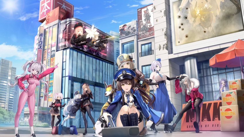 alice_(nikke) animal_ear_headphones animal_ears anis_(nikke) ankle_boots belorta_(nikke) belt black_belt black_footwear black_hair black_jacket black_pants blonde_hair blue_coat blue_headwear blue_necktie bodysuit bodysuit_under_clothes boots box breasts brid_(nikke) brown_jacket building coat coat_on_shoulders collarbone collared_shirt cropped_jacket cross-laced_footwear cross_print diesel_(nikke) drawstring earrings emma_(nikke) eyewear_on_head fake_animal_ears firing flashlight folkwang_(nikke) frima_(nikke) fur-trimmed_jacket fur_collar fur_trim gloves goddess_of_victory:_nikke grey_hair gun hair_bobbles hair_ornament hair_over_eyes hand_on_another's_head hardhat hat head_tilt headphones headset helmet high_heel_boots high_heels highres hug impossible_bodysuit impossible_clothes jacket jersey jewelry lace-up_boots latex latex_bodysuit liter_(nikke) long_bangs long_hair long_sleeves looking_at_viewer marian_(nikke) military military_hat military_uniform multicolored_clothes multicolored_gloves music necktie off_shoulder open_clothes open_jacket open_mouth orange_eyes panties pants pantyhose peaked_cap pinching_sleeves pink_bodysuit pink_eyes pink_gloves pink_headphones pleated_skirt pointing poli_(nikke) pouch puffy_sleeves rapi_(nikke) red_jacket reeh_(yukuri130) shirt shoes shrug_(clothing) sidelocks singing sitting skin_tight skirt sleep_mask smile sneakers standing striped_necktie t-shirt teeth thigh_belt thigh_strap thighhighs thighs torn_clothes torn_pants triangle_earrings twintails two-tone_gloves underwear uniform upper_teeth_only utility_belt weapon white_background white_gloves white_hair white_panties white_shirt yellow_bodysuit zettai_ryouiki