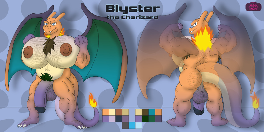 5_fingers absurd_res annaengine anthro areola armpit_hair backsack balls belly biceps big_breasts big_penis big_wings blue_eyes body_hair breasts butt butt_hair charizard chest_hair chubby_anthro chubby_gynomorph chubby_intersex circumcised claws digital_drawing_(artwork) digital_media_(artwork) dragon english_text facial_hair fan_character fangs feet fingers fire fist flaccid flexing front_view generation_1_pokemon genitals gradient_body gynomorph hairy hairy_arms hairy_balls hairy_breasts hi_res humanoid humanoid_genitalia humanoid_penis intersex long_tail looking_at_viewer looking_back male_(lore) membrane_(anatomy) membranous_wings model_sheet multicolored_body muscular muscular_anthro muscular_gynomorph muscular_intersex navel nintendo nipples nude orange_body penis pokemon pokemon_(species) pubes purple_balls purple_body purple_penis rear_view scalie shiny_pokemon simple_background slightly_chubby smile solo standing tail tan_body teeth text toe_claws toes winged_humanoid wings