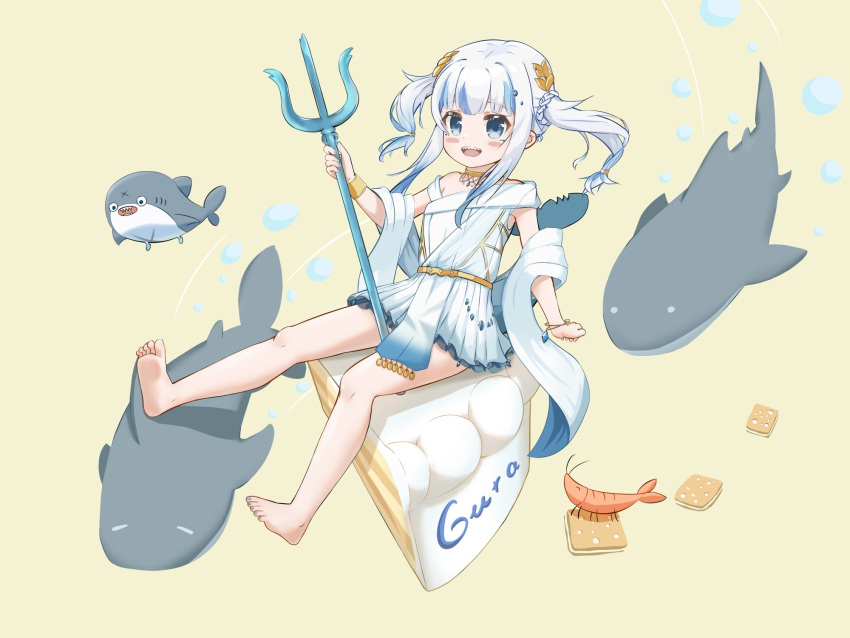 1girl aqua_nails barefoot bloop_(gawr_gura) blue_eyes blue_hair blush_stickers cake cake_slice dress feet food fpvjoe full_body gawr_gura highres holding hololive hololive_english leaning_back legs long_hair looking_at_viewer multicolored_hair nail_polish official_alternate_costume pleated_dress polearm sharp_teeth shawl short_dress sidelocks single_bare_shoulder sitting sleeveless soles solo streaked_hair teeth toenail_polish toenails toes trident two_side_up virtual_youtuber weapon white_dress white_hair
