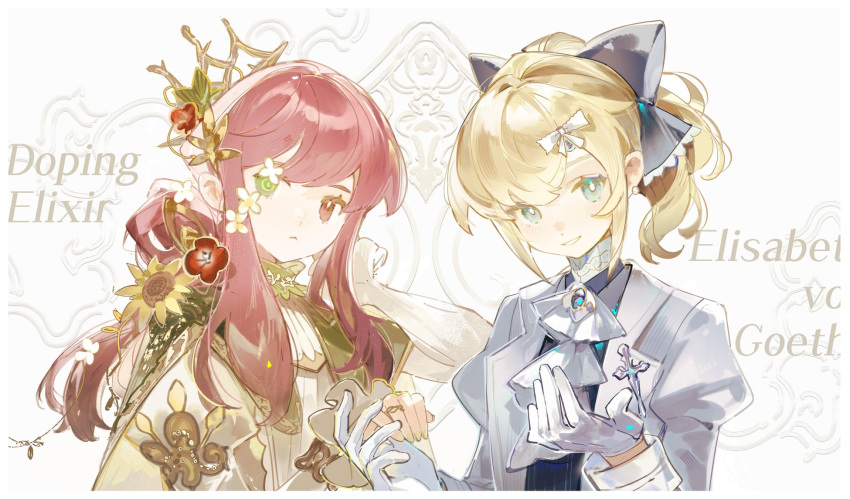 2girls :&lt; apron black_bow black_vest blonde_hair blue_eyes bow bug butterfly butterfly_on_head capelet character_name choker closed_mouth coattails collared_shirt commentary crown eyelashes flower frilled_sleeves frills gloves gold_headwear green_capelet green_choker green_eyes grey_jacket hair_bow hair_flower hair_ornament hair_over_shoulder hand_on_another's_hand heterochromia high_collar highres jacket jewelry juliet_sleeves lace-trimmed_bow lace_trim light_frown long_hair long_sleeves looking_at_viewer mini_crown multiple_girls open_clothes open_jacket open_mouth original outstretched_hand pansy ponytail puffy_sleeves red_eyes red_flower red_hair ring satonishi shirt smile sunflower teeth upper_body vest white_apron white_background white_bow white_butterfly white_flower white_gloves white_jacket white_shirt yellow_flower
