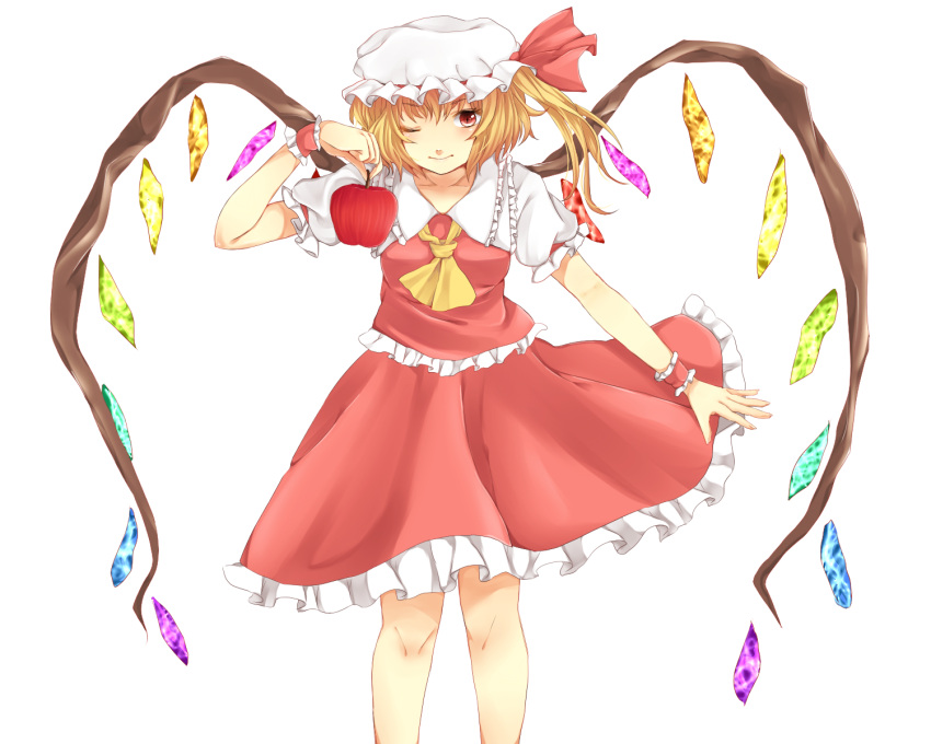 1girl amaoto_sanba apple arm_up ascot blonde_hair breasts closed_mouth collared_shirt crystal feet_out_of_frame flandre_scarlet food frilled_shirt_collar frilled_skirt frilled_vest frills fruit hat hat_ribbon highres holding holding_food holding_fruit light_smile looking_at_viewer medium_hair mob_cap multicolored_wings one_eye_closed one_side_up puffy_short_sleeves puffy_sleeves red_apple red_ribbon red_skirt red_vest ribbon ribbon-trimmed_headwear ribbon_trim shirt short_sleeves skirt skirt_set sleeve_ribbon small_breasts solo touhou vest white_background white_headwear white_shirt wings wrist_cuffs yellow_ascot