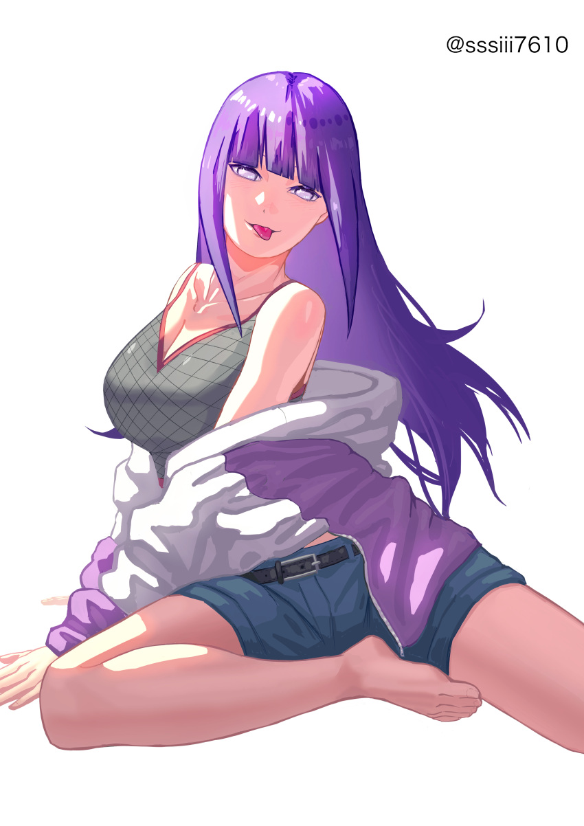 1girl absurdres blunt_bangs breasts highres hyuuga_hinata jacket jacket_partially_removed large_breasts long_hair looking_at_viewer naruto:_road_to_ninja naruto_(series) naruto_shippuuden no_pupils shorts simple_background sitting solo sssiii7610 tongue tongue_out white_background white_eyes