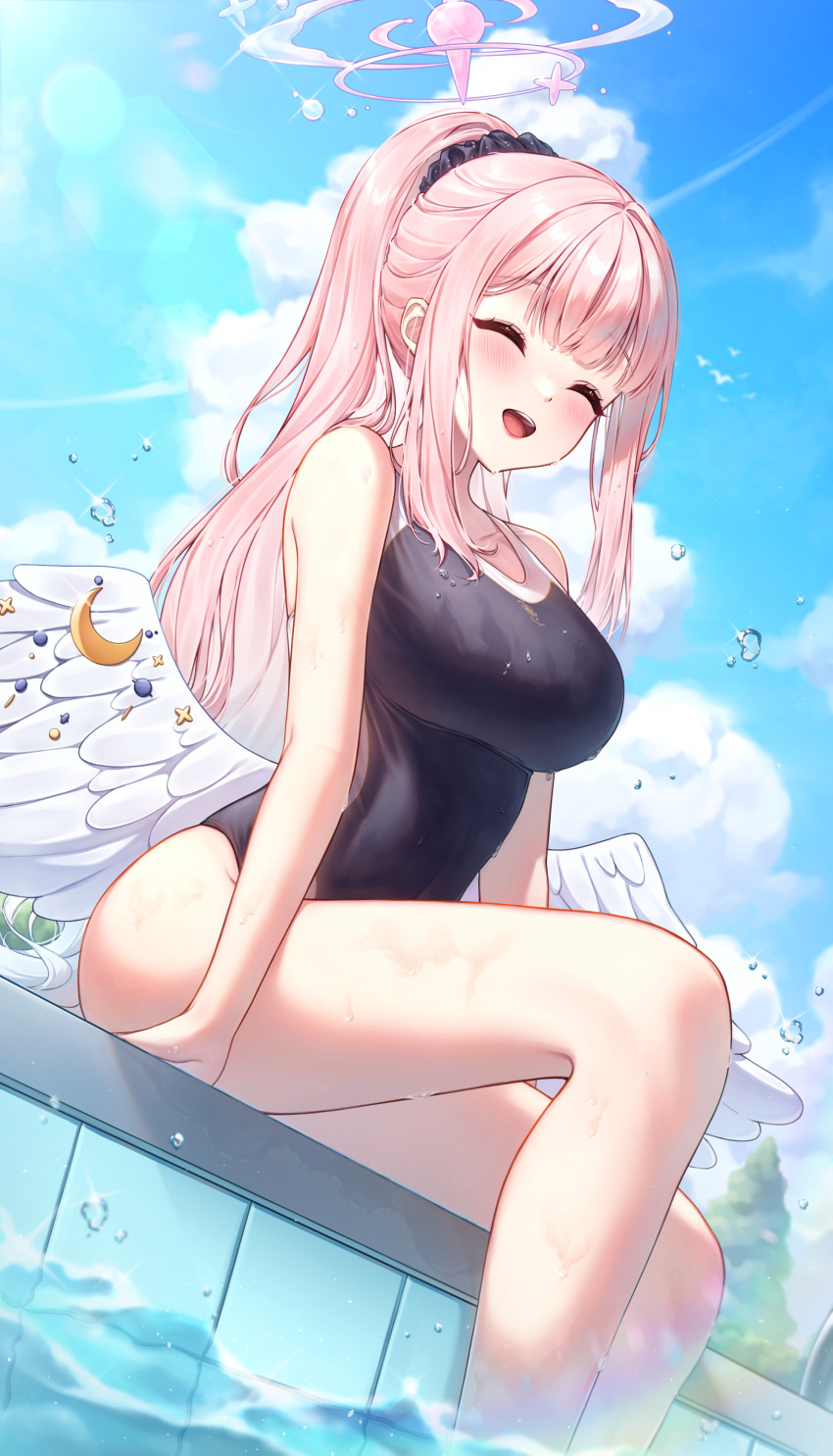 1girl absurdres blue_archive highres mika_(blue_archive) pink_hair pool poolside soaking_feet solo soo_ou trinity_general_school_swimsuit