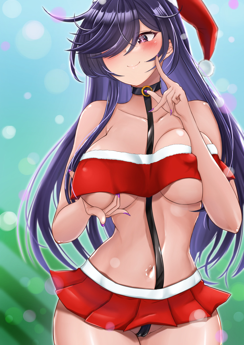 1girl :3 absurdres azur_lane black_choker blush breast_hold breast_press breasts choker christmas closed_mouth collar collarbone dress eesuke_(shin1athke) hat highres large_breasts long_hair naughty_face navel pink_eyes purple_hair purple_nails santa_dress santa_hat sleeveless solo solo_focus trento_(azur_lane) trento_(meta)_(azur_lane)