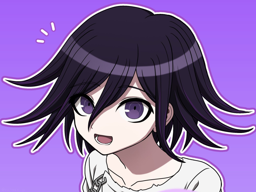 1boy :d black_hair chain danganronpa_(series) danganronpa_v3:_killing_harmony flipped_hair grey_jacket hair_between_eyes highres jacket lower_teeth_only male_focus multicolored_hair no_scarf notice_lines oma_kokichi outline pink_background portrait purple_eyes smile solo suiren_yurei teeth tongue two-tone_hair white_outline