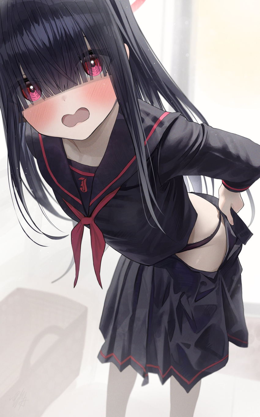 1girl absurdres bent_over black_hair black_panties black_sailor_collar black_serafuku black_shirt black_skirt blue_archive blunt_bangs blush commentary_request embarrassed extra hair_over_eyes halo hidulume highres justice_task_force_member_(blue_archive) long_bangs long_hair looking_at_viewer neckerchief open_mouth panties red_eyes red_halo red_neckerchief sailor_collar school_uniform serafuku shirt skirt solo underwear undressing