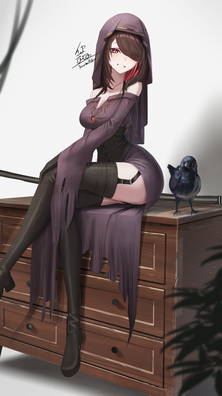 1girl absurdres bad_proportions bare_shoulders bird black_footwear black_gloves boots breasts brown_eyes chest_of_drawers cleavage colored_inner_hair corset crow foot_out_of_frame full_body garter_straps gloves hair_over_one_eye highres ikasamahideo long_sleeves multicolored_hair original red_eyes red_hair sitting smile thigh_boots