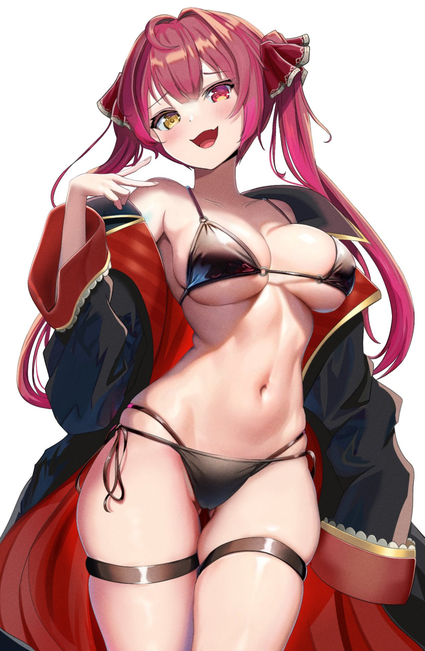 1girl ass_visible_through_thighs bikini black_bikini black_coat breasts coat collarbone commentary_request cowboy_shot dot_nose fang fingernails furrowed_brow hair_ribbon hand_up head_tilt heterochromia highres hololive houshou_marine large_breasts light_blush long_hair long_sleeves looking_at_viewer multi-strapped_bikini_bottom navel nekonosuke o-ring o-ring_bikini open_clothes open_coat open_mouth red_eyes red_hair red_ribbon ribbon side-tie_bikini_bottom simple_background single_bare_shoulder skin_fang skindentation sleeves_past_fingers sleeves_past_wrists smile solo standing stomach swimsuit thigh_gap thigh_strap twintails underboob v virtual_youtuber white_background wide_sleeves yellow_eyes