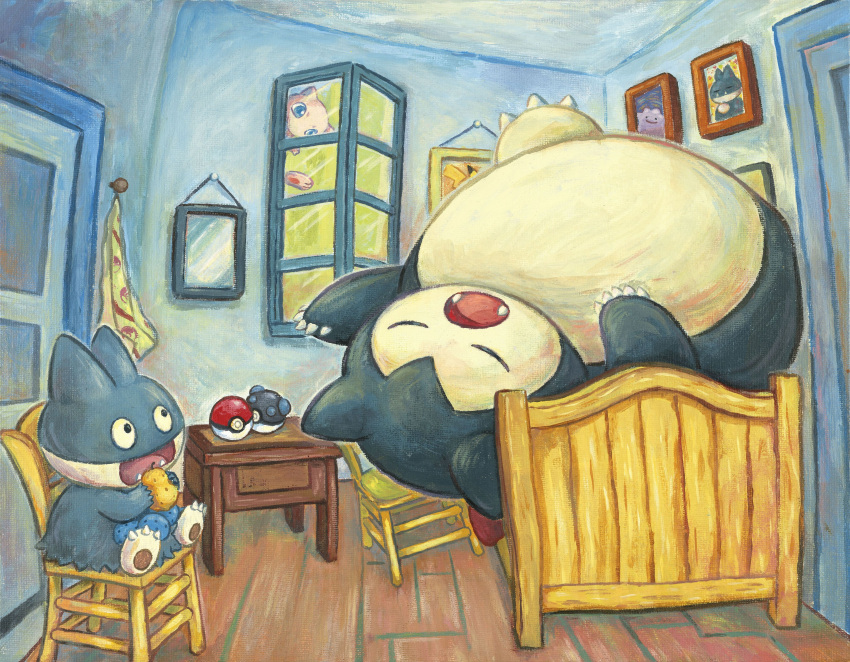 :o absurdres bed chair commentary ditto dutch_commentary eating english_commentary fine_art_parody highres indoors looking_at_another mew_(pokemon) mixed-language_commentary munchlax no_humans painting_(medium) painting_(object) parody pikachu poke_ball poke_ball_(basic) pokemon pokemon_(creature) sitting sleeping snorlax sowsow the_bedroom_(van_gogh) traditional_media window