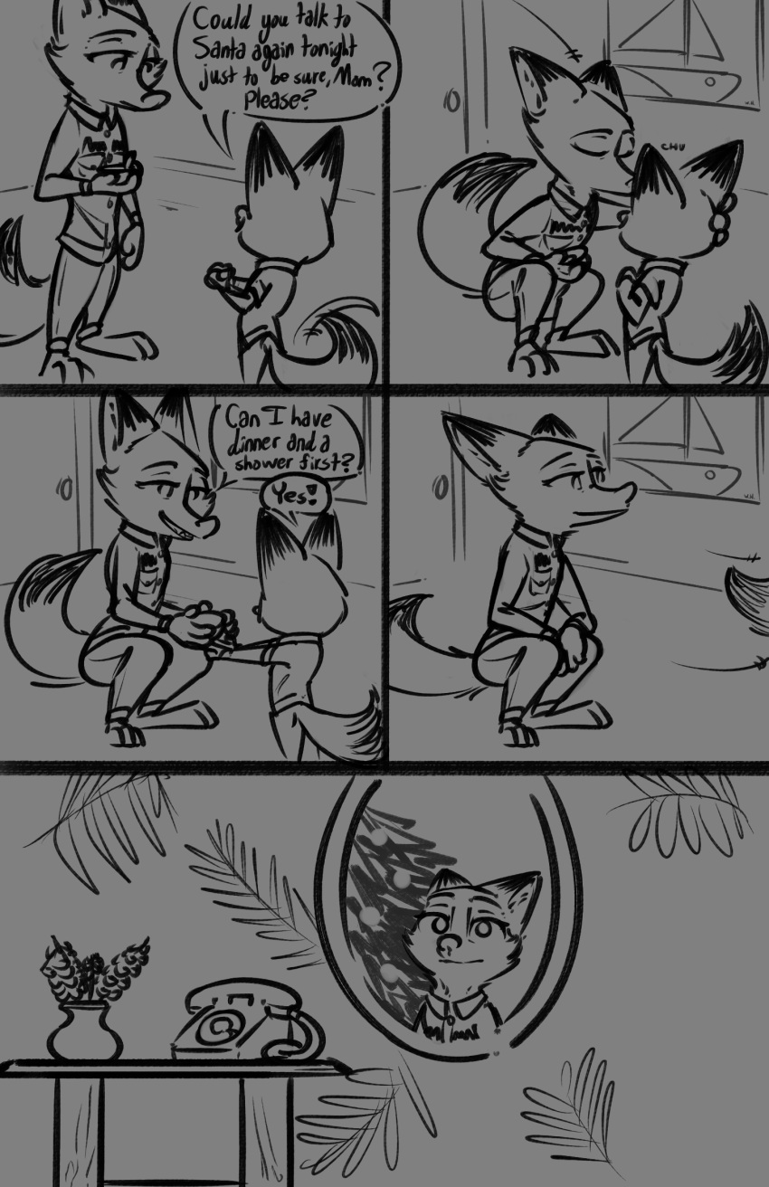 2022 anthro canid canine clothing comic detailed_background dialogue disney female flower fox furniture hi_res inside kissing male mammal mirror monochrome mother_(lore) mother_and_child_(lore) mother_and_son_(lore) mrs._wilde nick_wilde parent_(lore) parent_and_child_(lore) parent_and_son_(lore) phone plant red_fox son_(lore) speech_bubble table tail tail_motion tailwag tangerine_(artist) uniform vase young zootopia