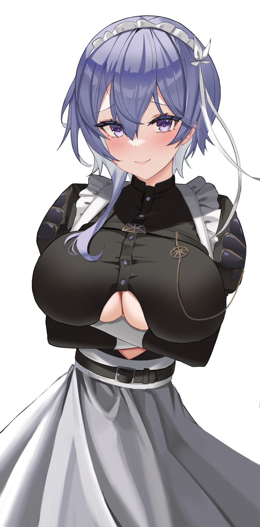 1girl absurdres apron arms_under_breasts azur_lane bellona_(armed_to_clean)_(azur_lane) bellona_(azur_lane) belt black_belt black_dress blush breasts closed_mouth clothing_cutout dress hair_between_eyes highres juliet_sleeves large_breasts long_sleeves looking_at_viewer maid maid_apron maid_headdress official_alternate_costume puffy_sleeves purple_eyes purple_hair short_hair simple_background smile solo underboob underboob_cutout white_apron white_background wynnblue