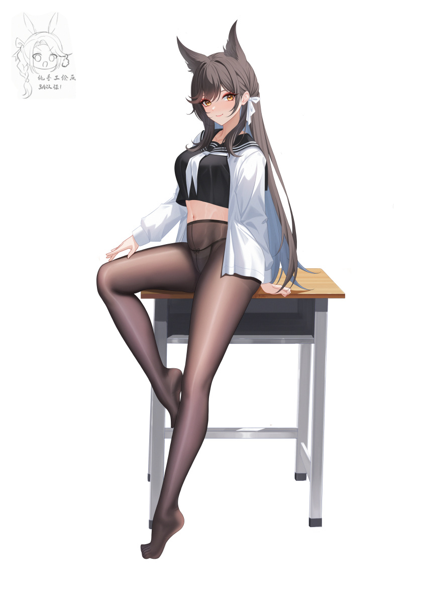 1girl absurdres animal_ears atago_(azur_lane) atago_(school_traumerei)_(azur_lane) azur_lane black_hair black_pantyhose black_shirt blush breasts chinese_commentary closed_mouth commentary_request desk dog_ears full_body highres large_breasts long_hair long_sleeves looking_at_viewer nanqizizhou navel official_alternate_costume panties panties_under_pantyhose pantyhose shirt simple_background smile solo thighs underwear white_background white_panties yellow_eyes
