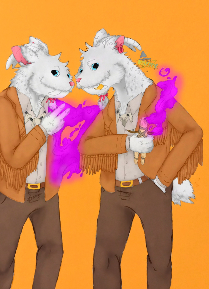absurd_res anthro blue_eyes bone bovid bread caprine clone cloning clothing duo fangs food fringe_clothing fur goat hi_res horn jewelry looking_at_viewer magic magic_user male mammal orange_background robyn_crawford simple_background smile teeth vampire were white_body white_fur wispypie
