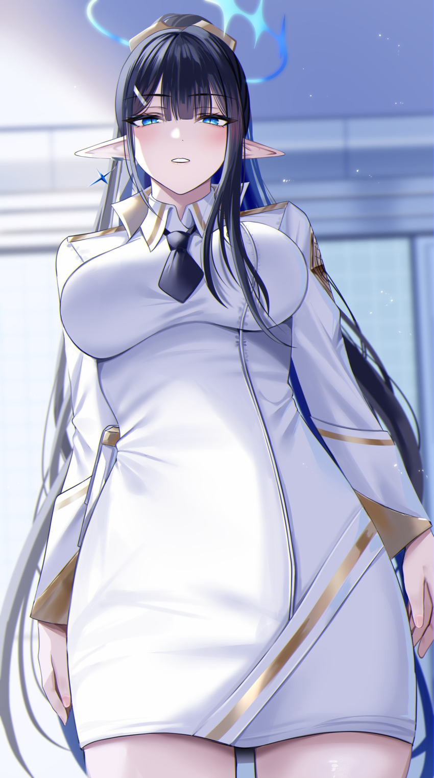 1girl black_hair black_necktie blue_archive blue_eyes blush breasts dress halo highres jacket large_breasts long_hair looking_at_viewer necktie nicky_w no_eyewear pointy_ears ponytail rin_(blue_archive) solo very_long_hair white_dress white_jacket