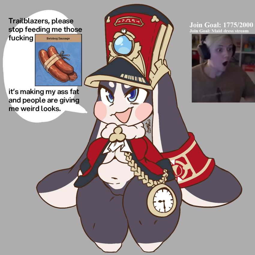 1:1 2023 anthro black_body blue_eyes blush bottomless breasts clock clothed clothing conductor digital_drawing_(artwork) digital_media_(artwork) ears_down english_text female food fur hat headgear headwear hi_res honkai_star_rail human humor lagomorph leporid long_ears male mammal meat meme mihoyo multicolored_body open_mouth pivoted_ears pogchamp pom-pom_(honkai_star_rail) pyrocynical rabbit sausage sausages short_stack signature simple_background simple_coloring sixth_quadratus solo speech_bubble streamer text text_on_clothing text_on_hat text_on_headwear two_tone_body white_body youtuber