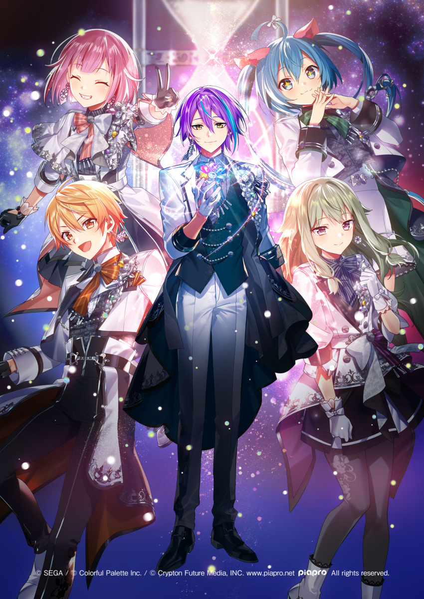 +_+ 2boys 3girls album_cover aqua_hair aqua_nails black_gloves blunt_bangs bob_cut bow bowtie buttons closed_eyes closed_mouth commentary_request cover earrings foot_out_of_frame full_body gloves green_hair grin hair_between_eyes hatsune_miku highres hourglass jewelry kamishiro_rui kusanagi_nene lapels long_hair long_sleeves low_tied_sidelocks multicolored_hair multiple_boys multiple_girls murakami_yuichi nail_polish notched_lapels official_alternate_costume official_art ootori_emu open_mouth orange_eyes orange_hair pink_hair project_sekai purple_eyes purple_hair short_hair single_earring sleeves_past_elbows smile streaked_hair teeth tenma_tsukasa twintails two-tone_hair v vocaloid white_gloves wonderlands_x_showtime_(project_sekai) wonderlands_x_showtime_miku yellow_eyes
