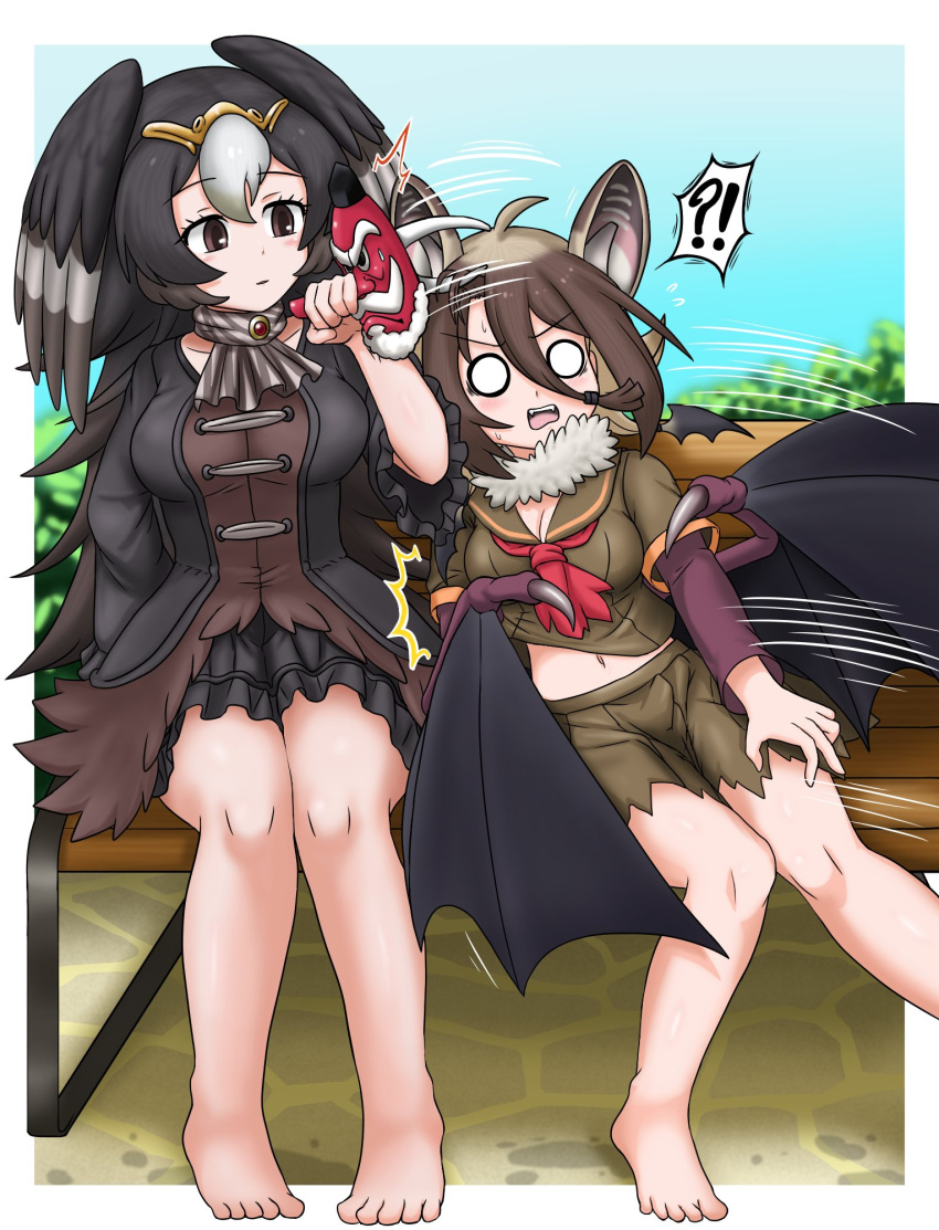 2girls ^^^ adansosutega animal_ears ascot bare_legs barefoot bat_ears bat_girl bat_wings bench bird_wings black_hair border breasts brooch brown_eyes brown_hair cleavage day dress extra_ears frilled_sleeves frills front_ponytail fur_collar grabbing grey_hair hair_between_eyes head_wings highres hilgendorf's_tube-nose_bat_(kemono_friends) jewelry kemono_friends knees_together_feet_apart layered_sleeves leaning_to_the_side light_smile long_hair long_sleeves looking_at_another mask mask_on_head midriff_peek motion_lines multicolored_hair multiple_girls multiple_wings navel o_o on_bench open_mouth outdoors outside_border park_bench parted_lips pulling shirt short_dress short_over_long_sleeves short_sleeves side-by-side sitting_on_bench skirt stomach striated_caracara_(kemono_friends) surprised sweat tengu_mask toes torn_clothes torn_shirt torn_skirt two-tone_hair v-shaped_eyebrows very_long_hair white_border wide_sleeves wings