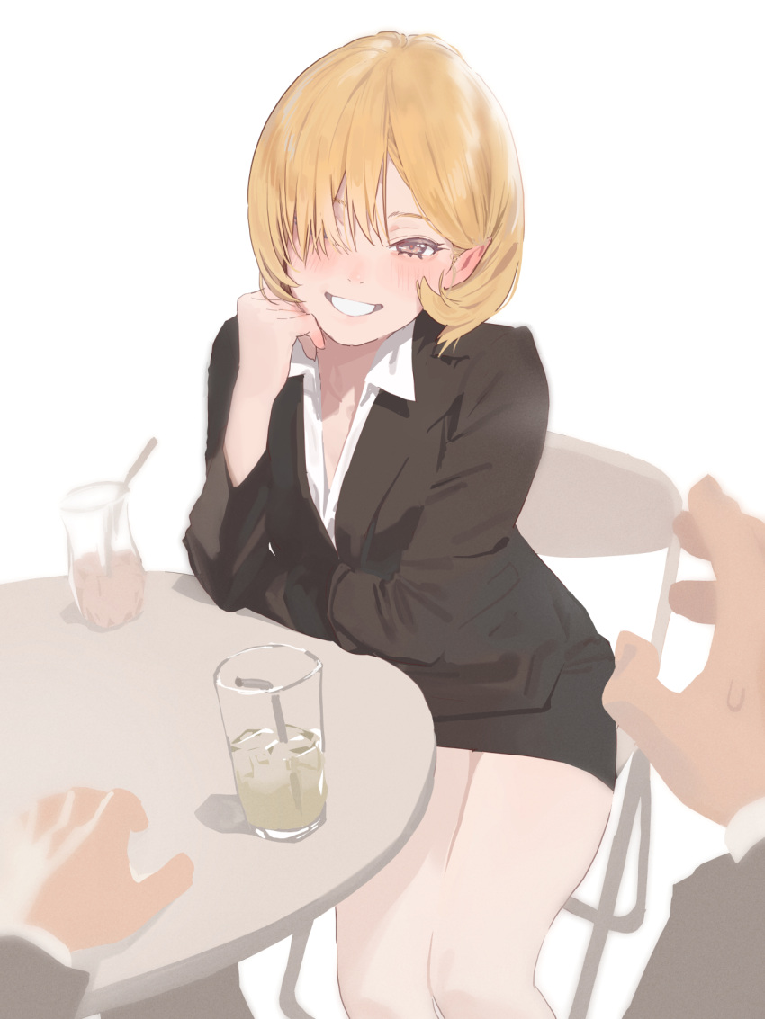 1boy 1girl black_jacket black_skirt blonde_hair breasts chair commentary_request cup drinking_straw eyelashes feet_out_of_frame grey_eyes hair_over_one_eye hand_up highres jacket leaning_forward long_sleeves looking_at_viewer medium_hair miniskirt office_lady original parted_bangs pov sekoshi_(some1else45) shirt simple_background sitting skirt smile some1else45 thighs white_background white_shirt