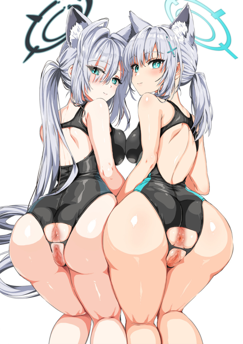 2girls ahoge all_fours animal_ear_fluff animal_ears anus ass ass_focus back bare_shoulders black_one-piece_swimsuit blue_archive blue_eyes blue_halo blush breast_press breasts broken_halo cameltoe censored clothing_cutout competition_swimsuit cross cross_hair_ornament crotch_cutout crotchless extra_ears from_behind grey_hair hair_ornament halo highres inverted_cross kneepits kojima_saya long_hair looking_at_viewer looking_back low_ponytail medium_breasts medium_hair mismatched_pupils multicolored_clothes multicolored_swimsuit multiple_girls official_alternate_costume one-piece_swimsuit pussy pussy_cutout shiroko_(blue_archive) shiroko_(swimsuit)_(blue_archive) shiroko_(terror)_(blue_archive) simple_background smile swimsuit take_your_pick two-tone_swimsuit very_long_hair white_background wolf_ears