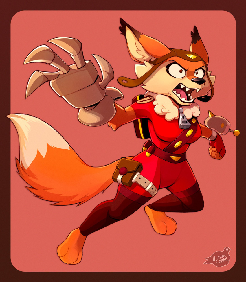 action_pose alaynakgray angry anthro aviator_cap awesomenauts backpack barefoot belt canid canine cheek_tuft clothed clothing constricted_pupils digital_media_(artwork) dipstick_tail facial_tuft fangs feet female fox fur gloves gun handwear hat headgear headwear hi_res mammal markings mechanical_arm penny_fox pose pouch_(clothing) pupils ranged_weapon simple_background small_pupils solo tail tail_markings teeth tight_clothing tuft weapon wrist_gun zipper