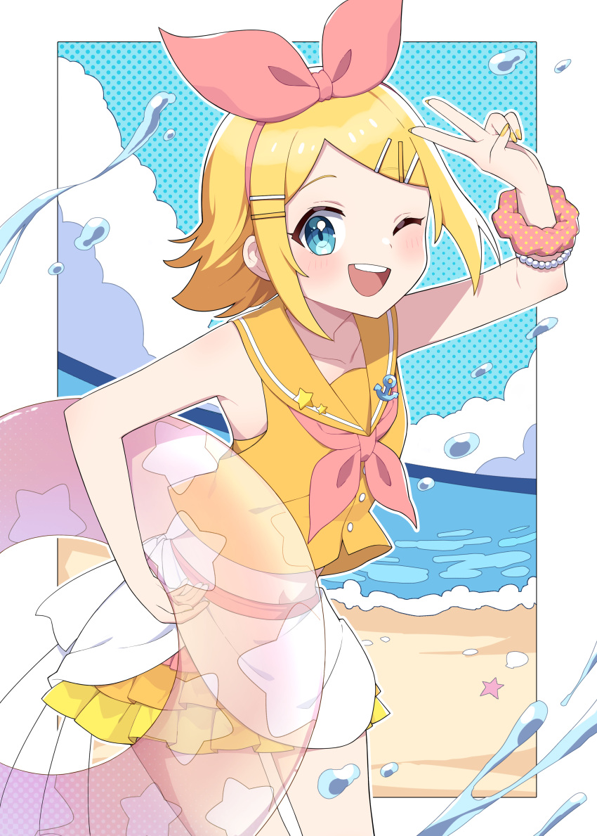 1girl absurdres beach blonde_hair blue_eyes blush fingernails hair_ornament hairclip highres holding holding_innertube innertube kagamine_rin looking_at_viewer miz_(mizillustration) nail_polish neckerchief ocean one_eye_closed open_mouth pink_neckerchief sailor_collar sailor_shirt shirt short_hair sleeveless sleeveless_shirt smile solo teeth upper_teeth_only v vocaloid yellow_nails yellow_sailor_collar