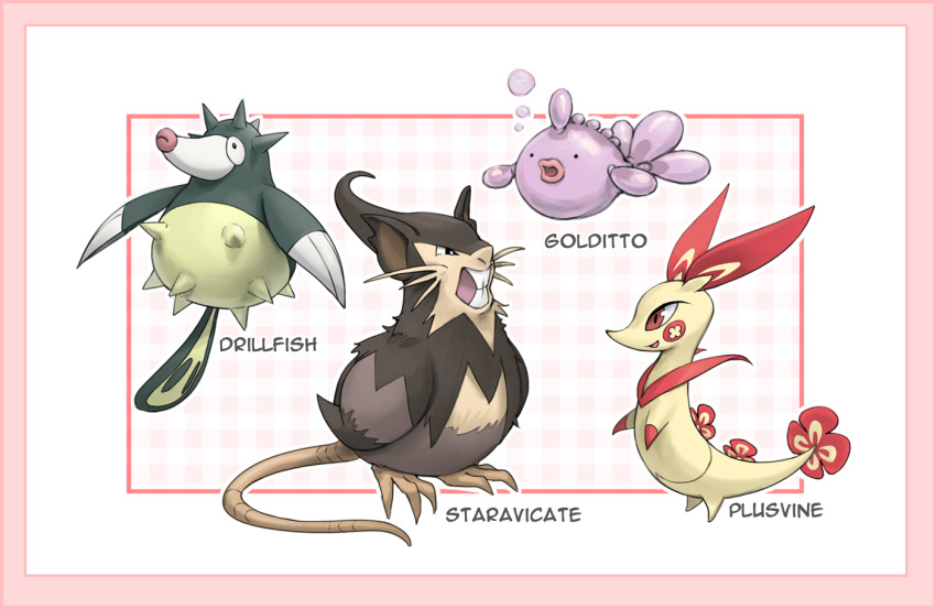 black_eyes border brown_eyes character_name claws commentary ditto drilbur framed fusion goldeen kazuko_(towa) no_humans open_mouth pink_border plusle pokemon pokemon_(creature) qwilfish raticate servine smile staravia