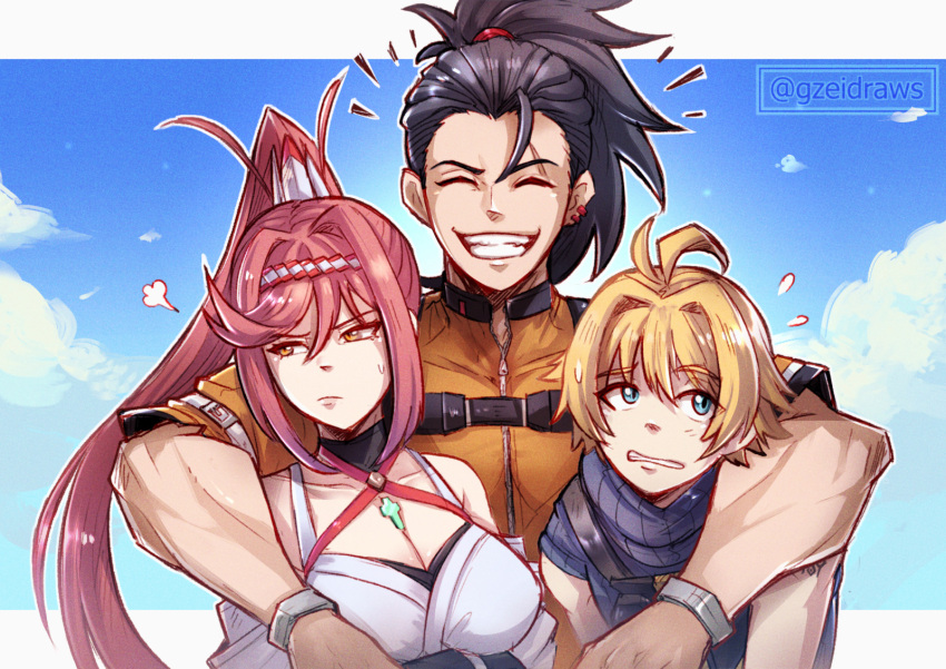 1girl 2boys ahoge bare_shoulders blonde_hair blue_eyes breasts chest_jewel cleavage closed_eyes core_crystal_(xenoblade) criss-cross_halter detached_sleeves earrings glimmer_(xenoblade) green_eyes grin gzei halterneck height_difference high_ponytail highres japanese_clothes jewelry kimono large_breasts long_hair matthew_(xenoblade) multiple_boys nervous nikol_(xenoblade) ponytail red_hair scar short_hair smile swept_bangs teeth tsundere white_kimono xenoblade_chronicles_(series) xenoblade_chronicles_3 xenoblade_chronicles_3:_future_redeemed
