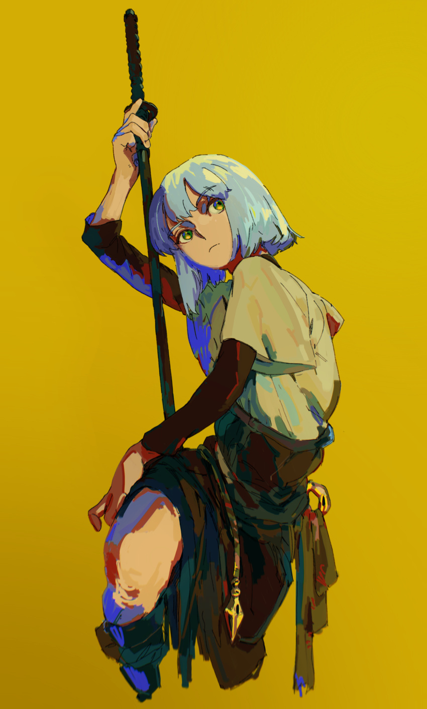 1girl absurdres arm_up bchan1582 black_skirt black_undershirt blue_eyes bob_cut brown_shirt closed_mouth commentary cropped_legs foot_up highres holding holding_sword holding_weapon katana kneehighs layered_sleeves light_frown long_sleeves looking_up multicolored_eyes original sash sheath sheathed shirt short_hair short_over_long_sleeves short_sleeves sideways_glance simple_background skirt socks solo sword turtleneck weapon white_hair yellow_background yellow_eyes