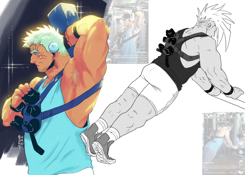 1boy affectionate aqua_tank_top arm_behind_head armpit_hair armpits bara belly black_cat blue_tank_top cat collage exercise facial_hair from_side goatee_stubble headpat highres large_pectorals livio_the_doublefang long_sideburns male_focus mature_male muscular muscular_male mustache_stubble pectorals petting plump reference_inset renny_(renny_rose) short_hair shorts sideburns sidepec sparkle_background stubble tank_top thick_eyebrows tiktok trigun trigun_maximum weightlifting white_hair