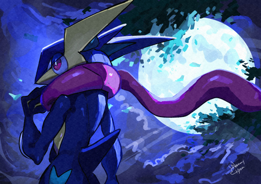absurdres artist_name from_side full_moon greninja highres looking_ahead moon narumi_hyou night night_sky one-hour_drawing_challenge pokemon pokemon_(creature) red_eyes signature sky v-shaped_eyebrows