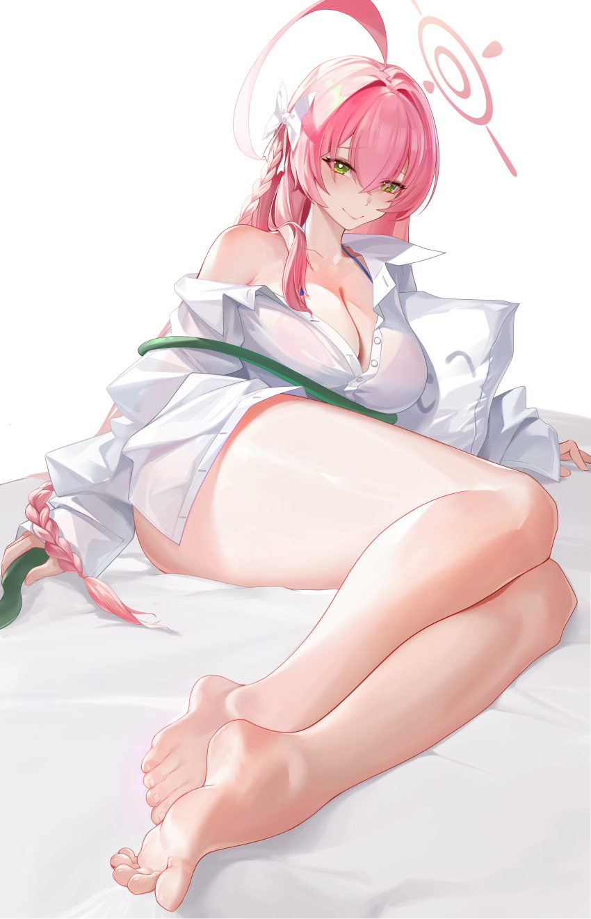 1girl absurdres ahoge armpit_crease arona's_sensei_doodle_(blue_archive) bare_legs barefoot bed_sheet bikini bikini_under_clothes blue_archive blush bow braid breasts cleavage closed_mouth collarbone collared_shirt feet fingernails green_eyes hair_between_eyes hair_bow hair_intakes halo hanako_(blue_archive) hanako_(swimsuit)_(blue_archive) highres holding holding_hose hose huge_ahoge huge_breasts hugging_object legs long_hair long_sleeves looking_at_viewer lying on_side pillow pillow_hug pink_bikini pink_hair pink_halo pink_lips print_pillow sensei_(blue_archive) shirt single_bare_shoulder sleeves_past_wrists smile solo swimsuit thighs tkkz toenails toes white_background white_bow white_shirt