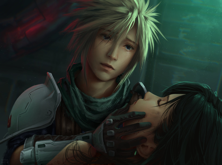 1boy 1girl absurdres arm_guards armor black_gloves black_hair blonde_hair blue_eyes blue_jacket bruise caress closed_eyes cloud_strife commentary crisis_core_final_fantasy_vii earrings english_commentary final_fantasy final_fantasy_vii final_fantasy_vii_rebirth final_fantasy_vii_remake gloves green_scarf hand_on_another's_face highres indoors injury jacket jewelry lips long_hair looking_at_another official_alternate_costume safaiaart scarf shinra_infantry_uniform short_hair shoulder_armor spiked_hair tifa_lockhart unconscious upper_body