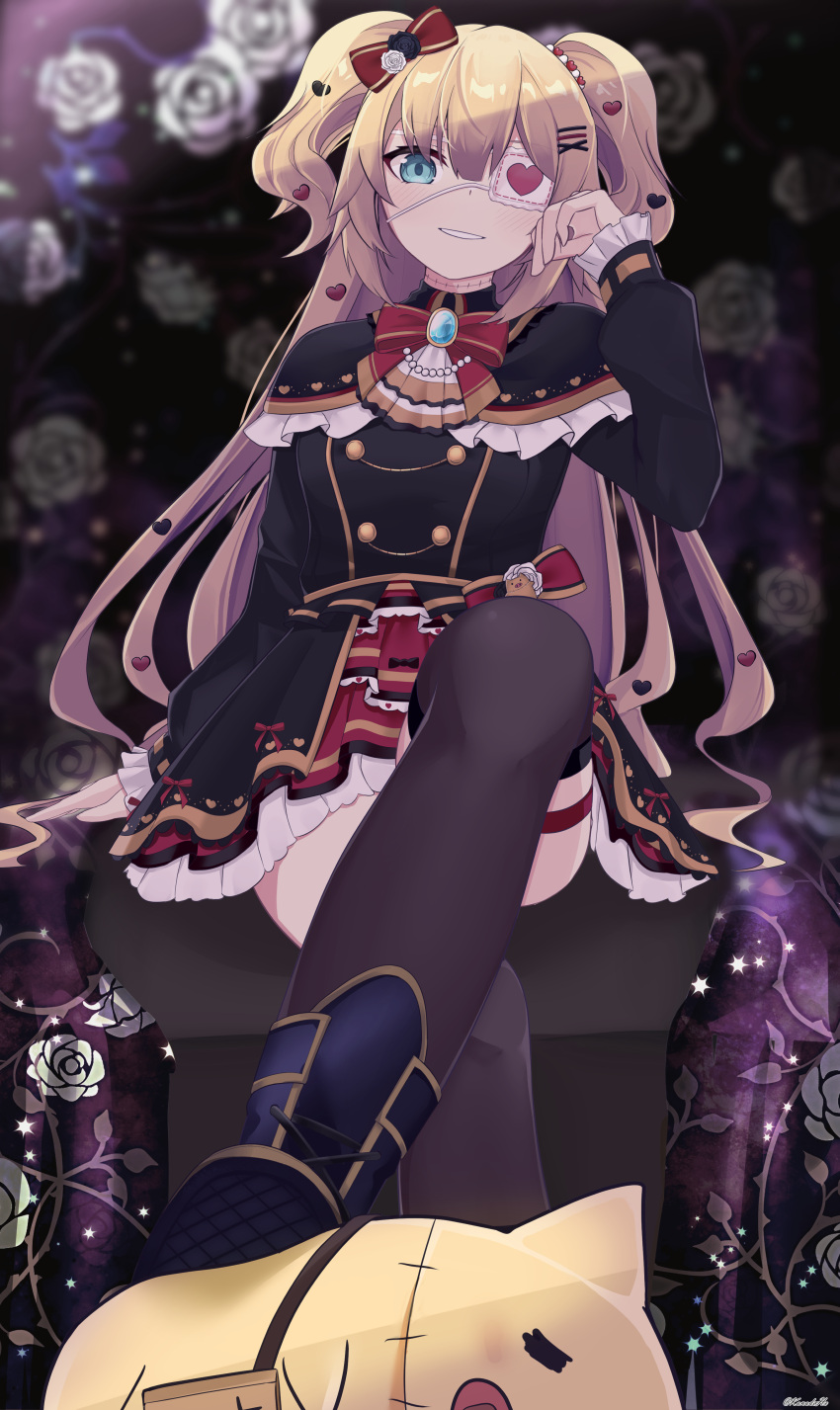 1girl absurdres akai_haato akai_haato_(5th_costume) black_dress black_footwear black_thighhighs blonde_hair blue_eyes blush boots bow breasts dress eyepatch haaton_(akai_haato) hair_bow hair_ornament heart heart_eyepatch heart_hair_ornament highres hololive kanadeho large_breasts long_hair looking_at_viewer red_bow red_dress smile thigh_strap thighhighs two_side_up virtual_youtuber x_hair_ornament