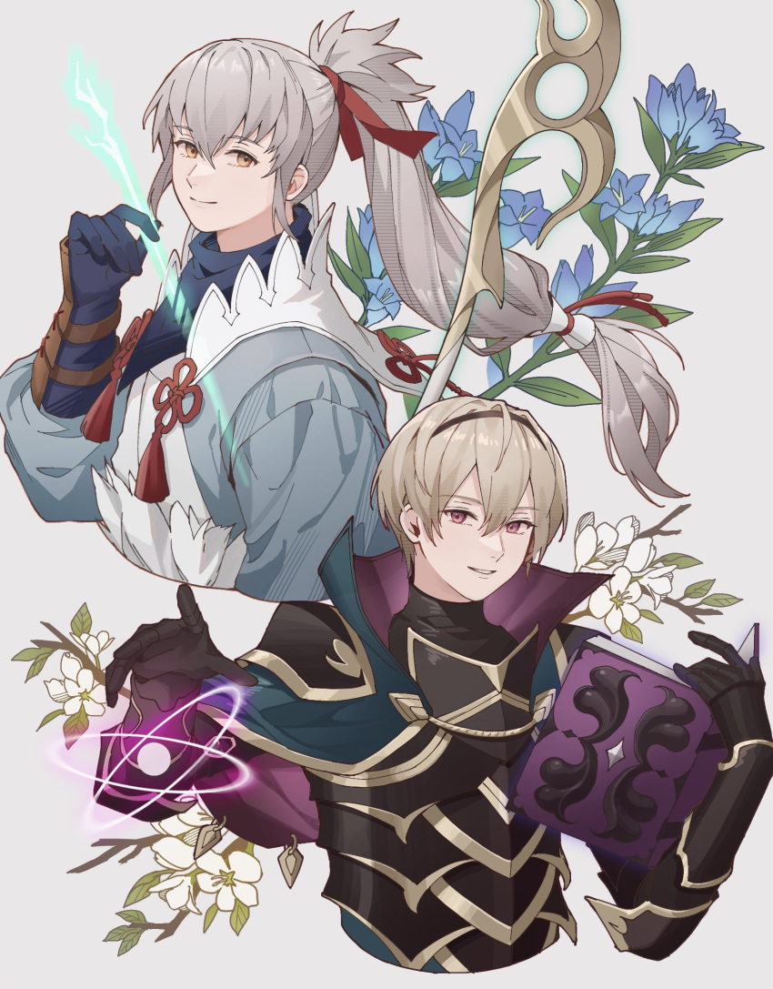 2boys ai_tkkm armor arrow_(projectile) black_armor black_capelet black_gloves blonde_hair blue_flower blue_gloves book bow_(weapon) breastplate brown_eyes capelet commentary cropped_torso fire_emblem fire_emblem_fates floating_hair floral_background flower gloves gold_trim grey_background grey_hair grin hair_between_eyes hair_ribbon highres holding holding_arrow holding_book holding_bow_(weapon) holding_weapon japanese_clothes leo_(fire_emblem) long_hair magic male_focus multiple_boys open_book ponytail purple_eyes red_ribbon ribbon short_hair simple_background smile takumi_(fire_emblem) tiara weapon white_flower