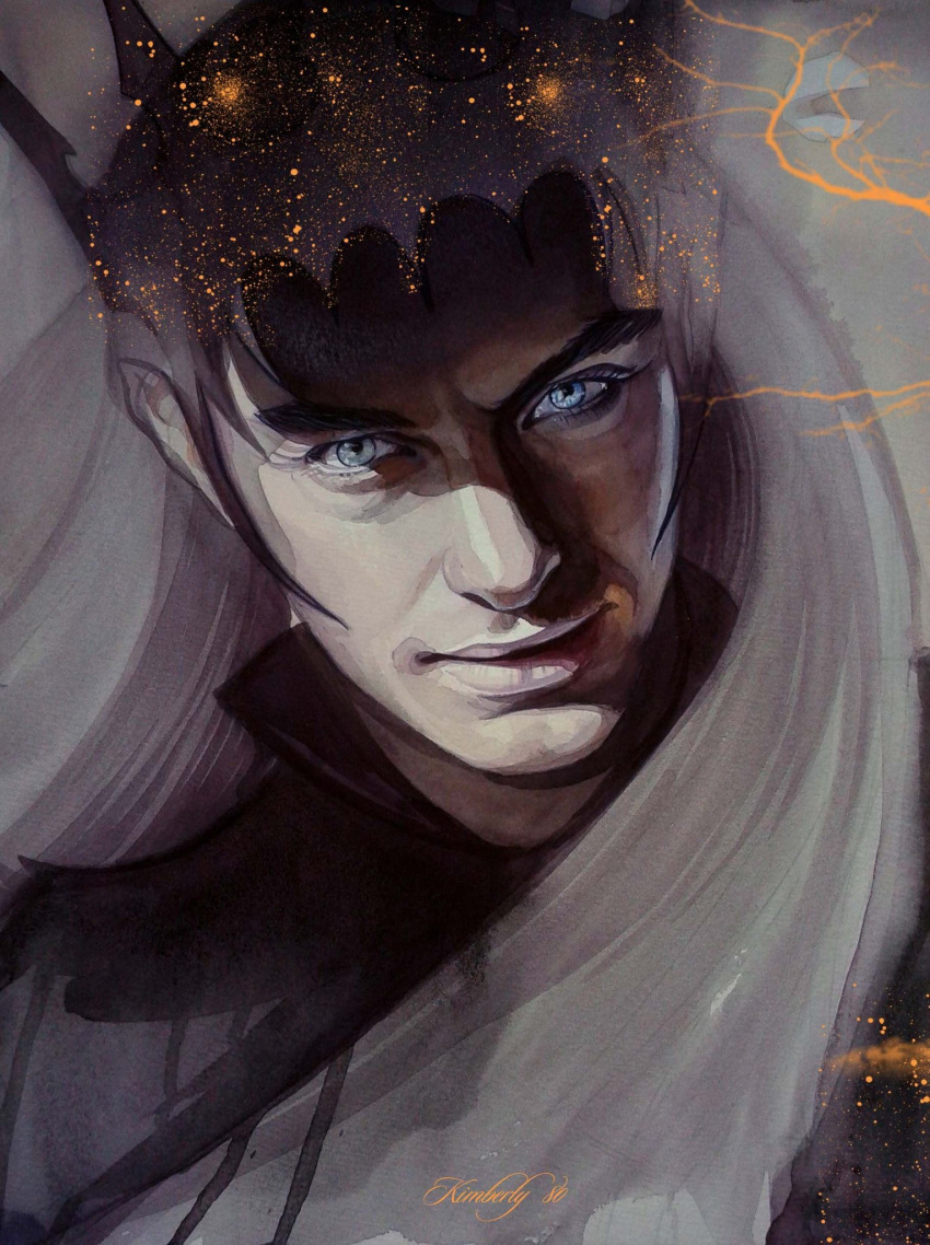 1boy artist_name blue_eyes closed_mouth colored_text commentary crown deviantart_logo deviantart_username grey_hair grey_theme highres kimberly80 light_smile lips long_hair looking_at_viewer male_focus melkor portrait realistic red_lightning signature solo sparkle the_silmarillion tolkien's_legendarium white_hair