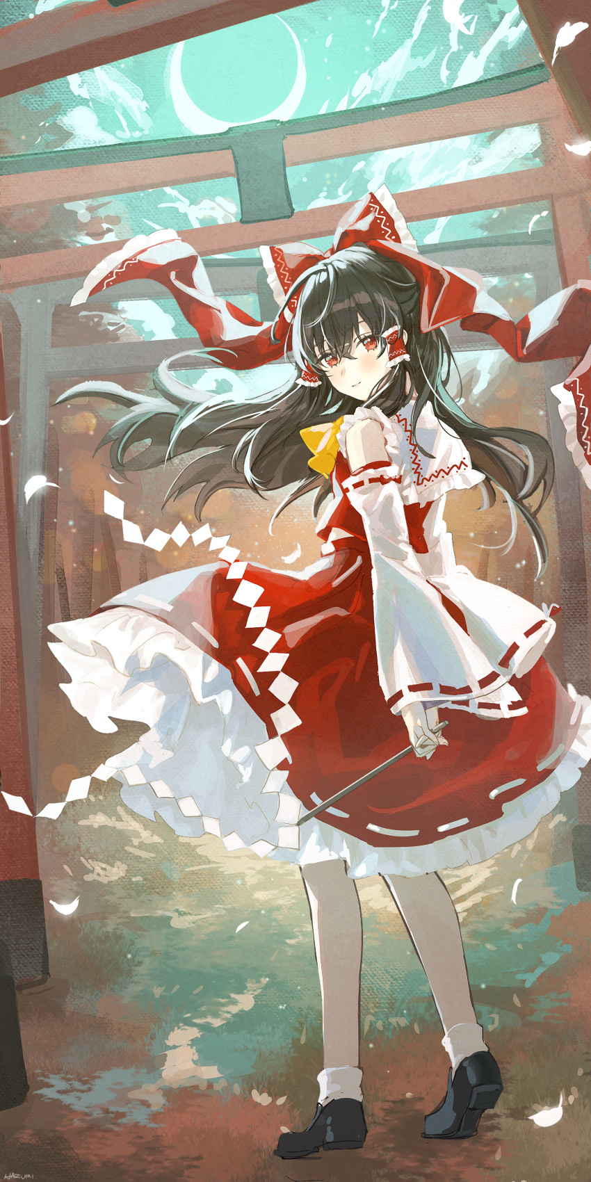 1girl absurdres ascot bare_shoulders black_footwear black_hair blush bow closed_mouth detached_sleeves frilled_skirt frills full_body hair_between_eyes hair_bow hair_tubes hakurei_reimu haruri has_bad_revision has_downscaled_revision highres japanese_clothes long_hair md5_mismatch nontraditional_miko red_bow red_eyes red_skirt resolution_mismatch ribbon-trimmed_sleeves ribbon_trim shoes sidelocks skirt smile socks solo source_smaller touhou white_sleeves white_socks wide_sleeves yellow_ascot